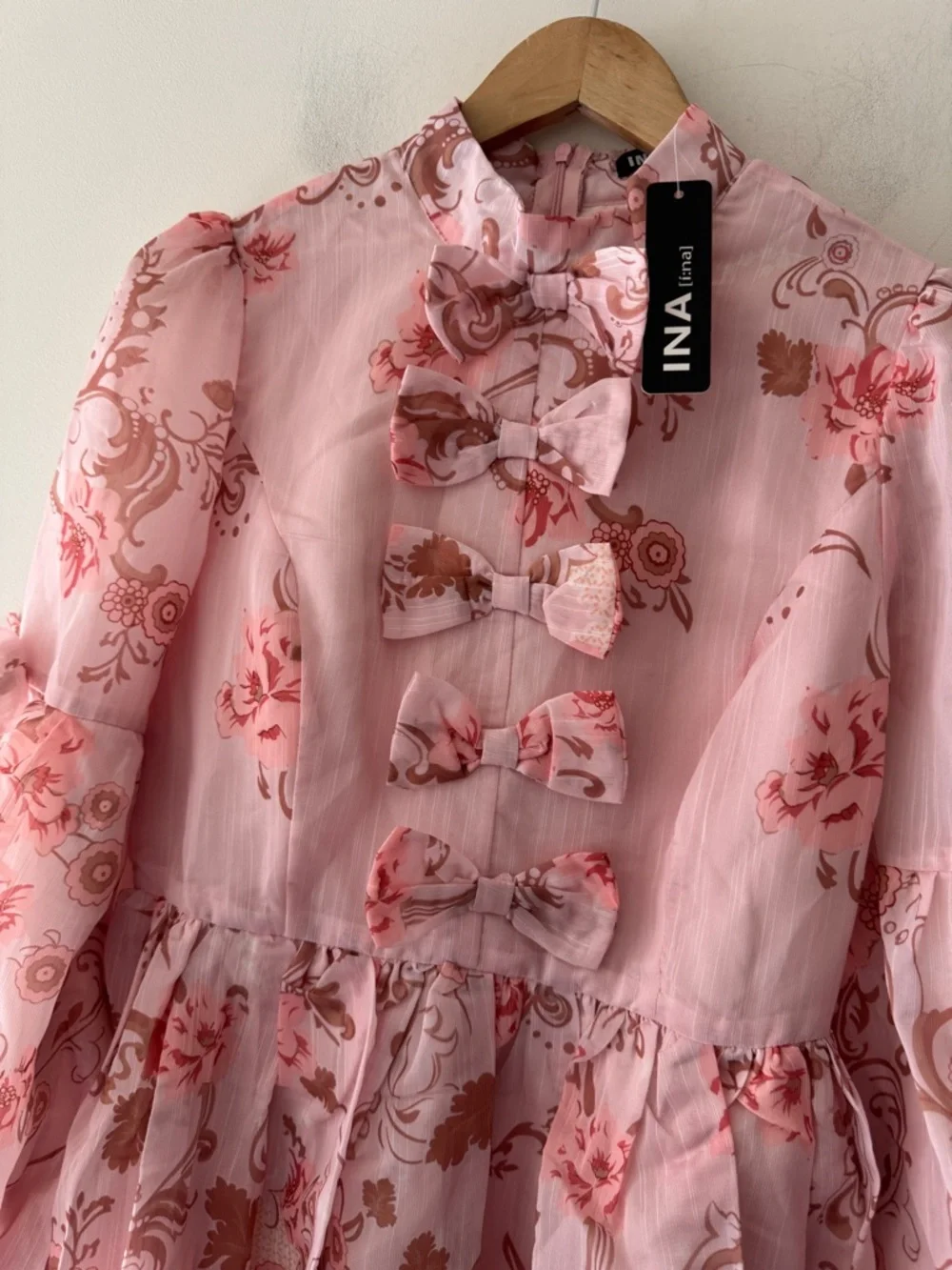 NEW!! INA Pink Floral Bow Front Sheer Mini Dress Coquette Cottagecore Romantic - Picture 2 of 8